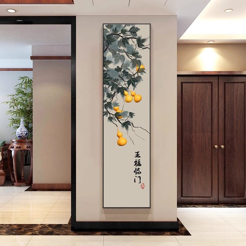 九鱼图长条玄关装饰画现代轻奢楼梯墙面挂画竖版客厅细柱子壁画窄图片