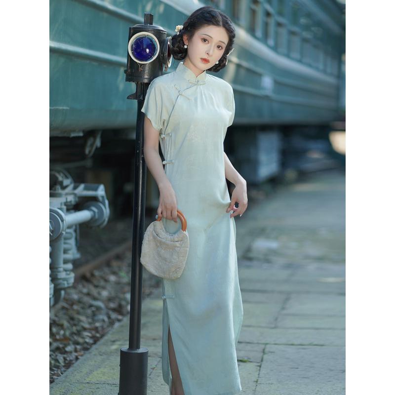 花开栀夏 130长款古法全开襟少女绿色曳地民国风