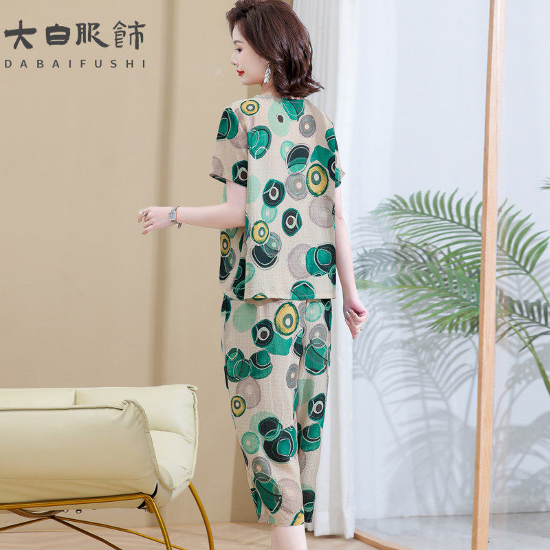 推荐2025新款妈妈夏装短袖纯棉套装中老年人宽松上衣七分裤休闲两