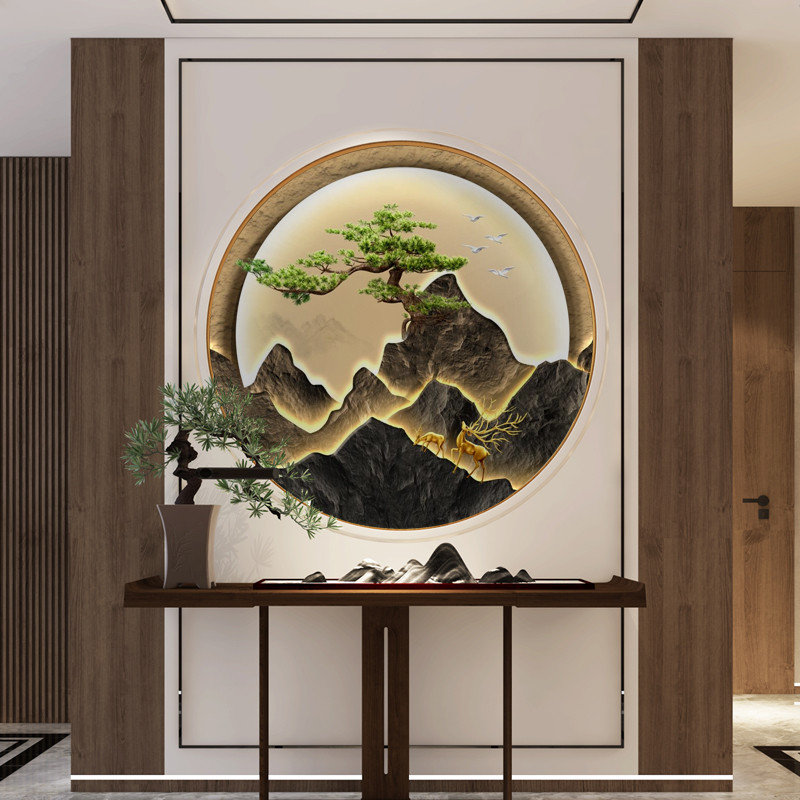 入门轻奢入户新中式玄关圆形装饰画过道走廊山水画芯墙纸壁纸墙布图片