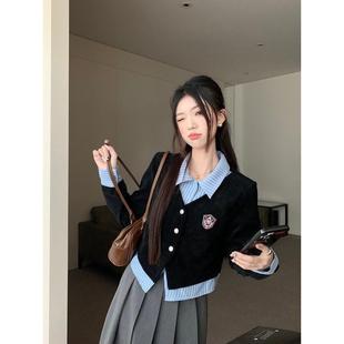 上衣春季 新品 衬衫 学院风套装 高腰百褶半身裙两 女假两件POLO领长袖