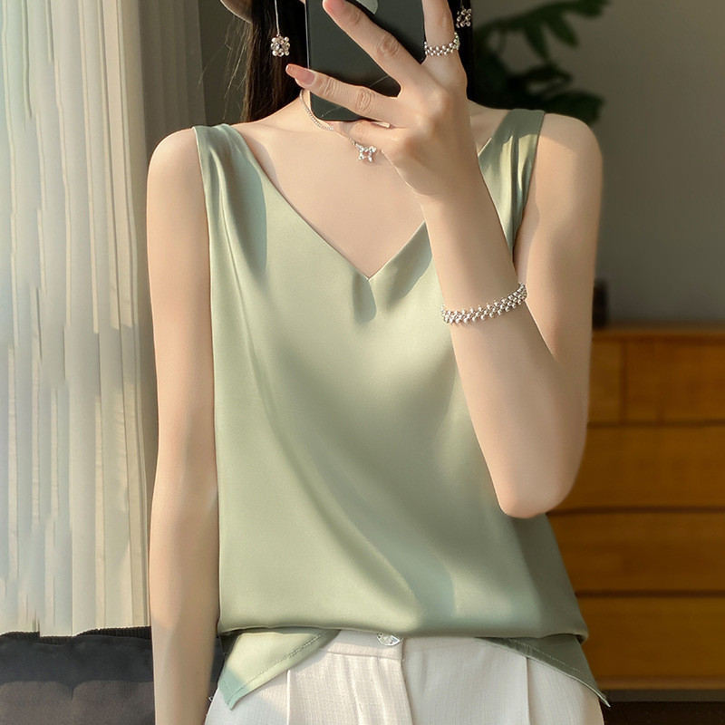 女士吊带背心丝绸缎面双肩带春夏季新款修身v领短款内搭上衣T恤潮