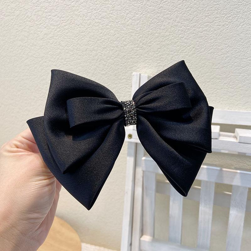羽晞黑色复古缎面蝴蝶结发夹时尚闪钻高级感扎发弹簧夹后脑勺顶夹