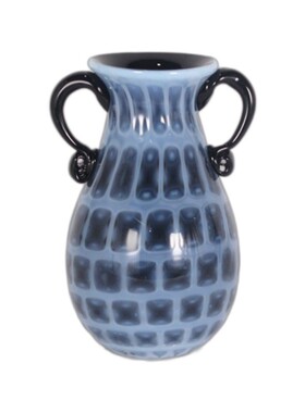 中古双耳方格子花器克莱因蓝琉璃彩色玻璃艺术水培吹制插花花瓶