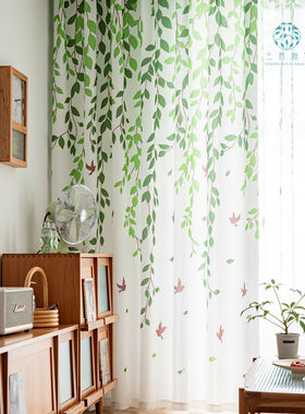 北欧田园风小清新垂柳燕子绿树叶窗帘半遮光卧室书房阳台客厅窗帘