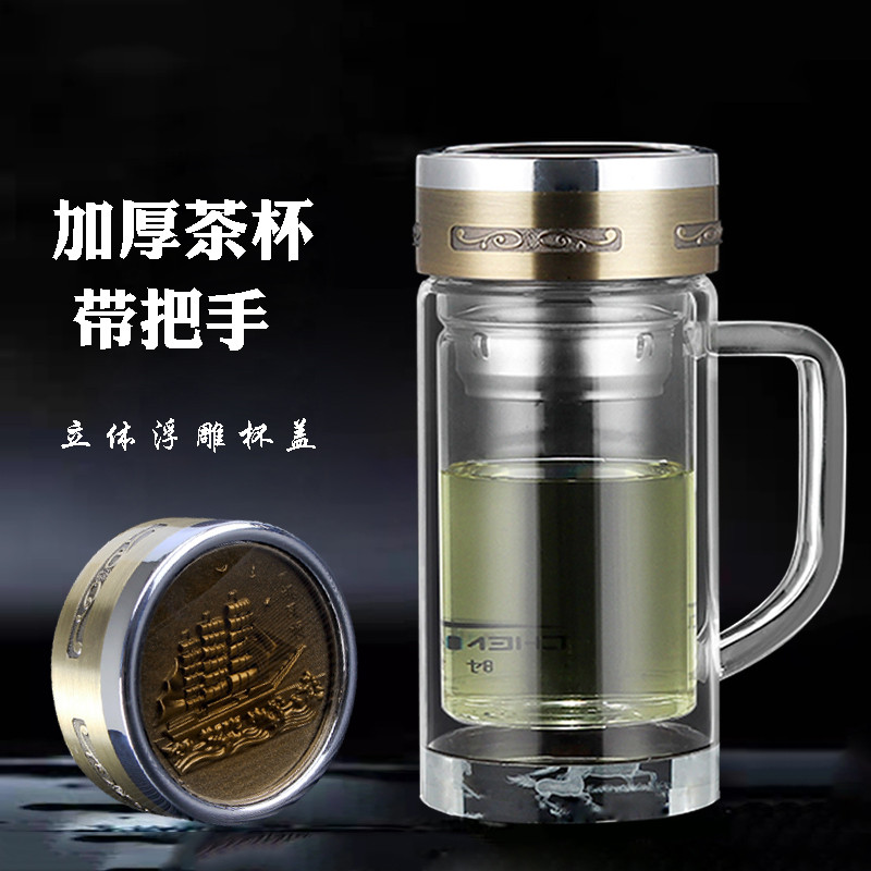 单层加厚玻璃杯带把男女办公室泡茶杯带盖过滤家用喝水大容量杯子