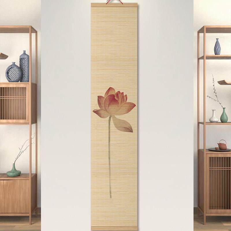 竹帘挂画客厅玄关卷轴装饰画竹饰品书房茶室中式挂帘印花复古禅意