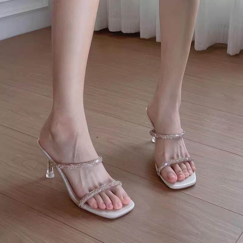 高跟凉鞋女水钻一字带2025夏季新款气质绝美露趾外穿细跟透明拖鞋,女鞋,一字带凉鞋,淘宝优惠券,粉丝福利购,淘宝优惠卷