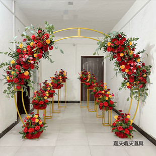 农村婚礼整场花艺婚庆圆形弧形铁艺拱门花门户外草坪背景装饰