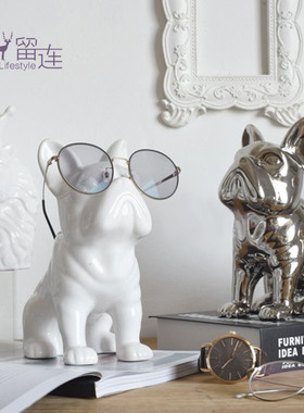 银色陶瓷法斗斗牛犬墨镜狗狗储蓄罐存钱罐艺术轻奢动物软装饰摆件