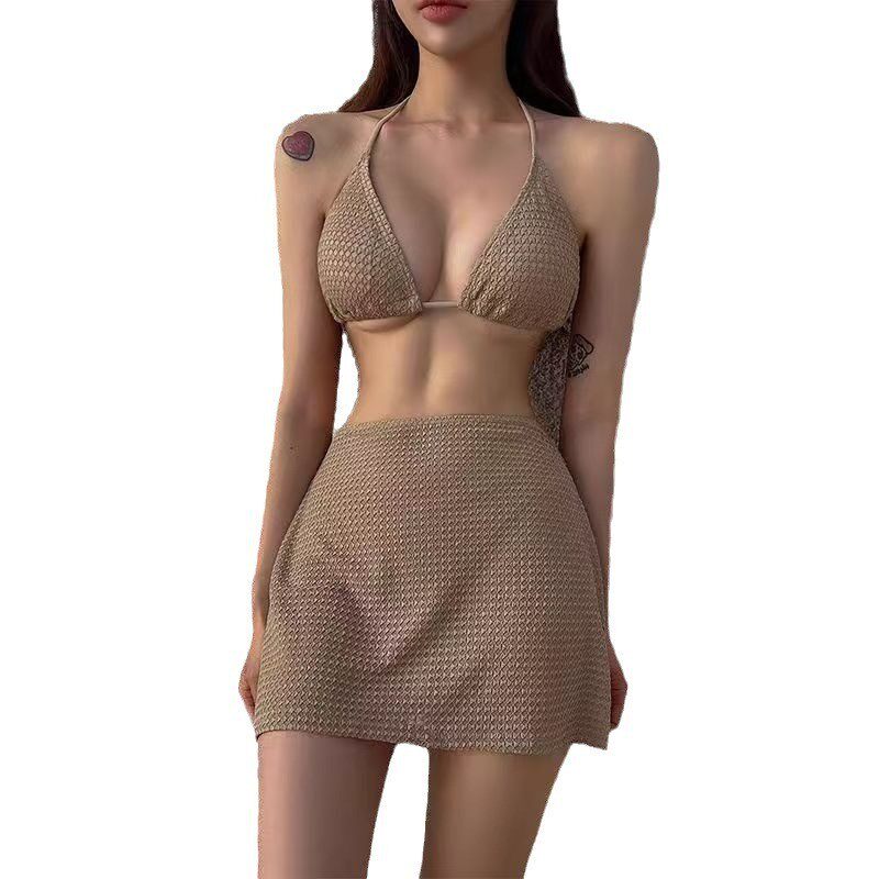 泳衣女2024新款咖色比基尼三件套性感小胸裙式遮肚沙滩度假泡温泉