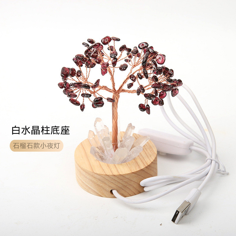 新款手工天然小夜灯柱底座白水晶石榴石黄粉水晶树摆件家居装饰品