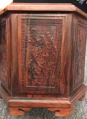 大红酸中式六角纸巾盒雕花红木卷纸盒餐纸盒枝客厅摆件
