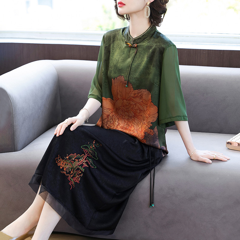 高货速发新中式妈妈夏装桑蚕丝套装裙子2025新款中老年女装夏季真