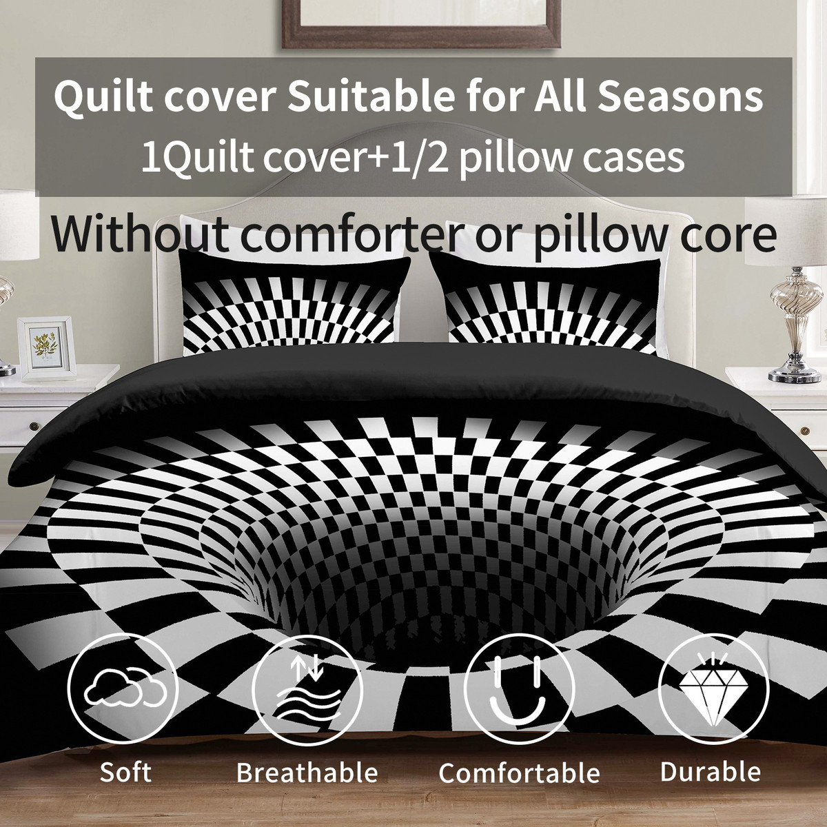 外贸黑白深渊磨毛3d数码印花四季通用单人被套三件套双人批发