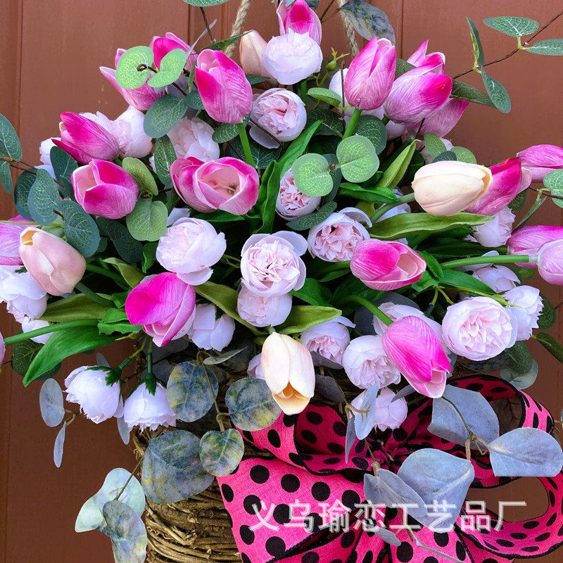 批发新款挂郁金香花篮花环仿真花藤篮花篮蝴蝶结门春夏装饰