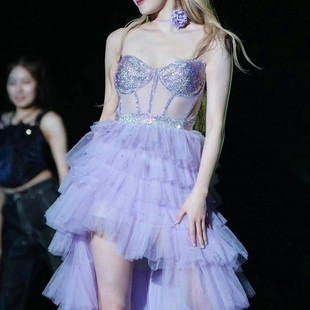 直销女歌手高端大气舞台演出服宋雨琦同款紫色抹胸蓬蓬裙打歌服女