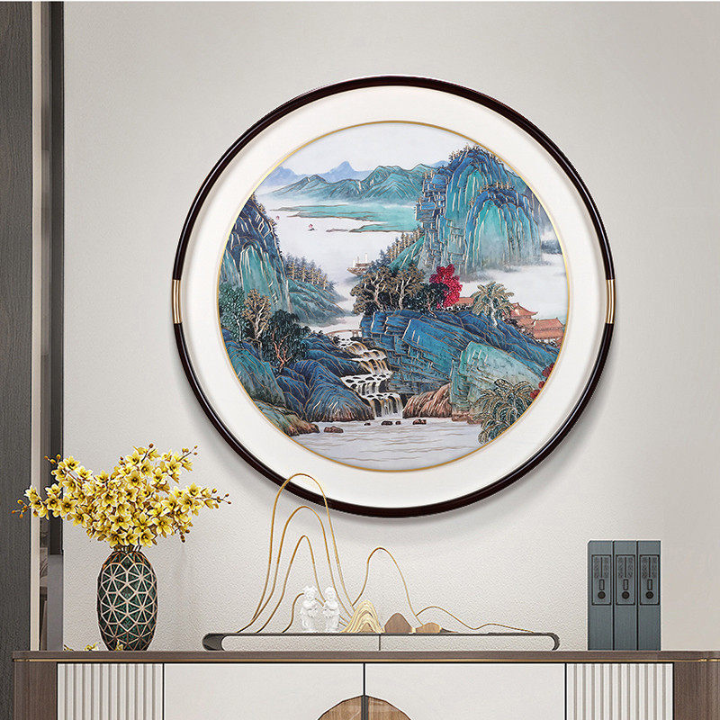 新中式铜雕画圆形装饰画入户玄关画走廊餐厅挂画背景墙手工灯光画