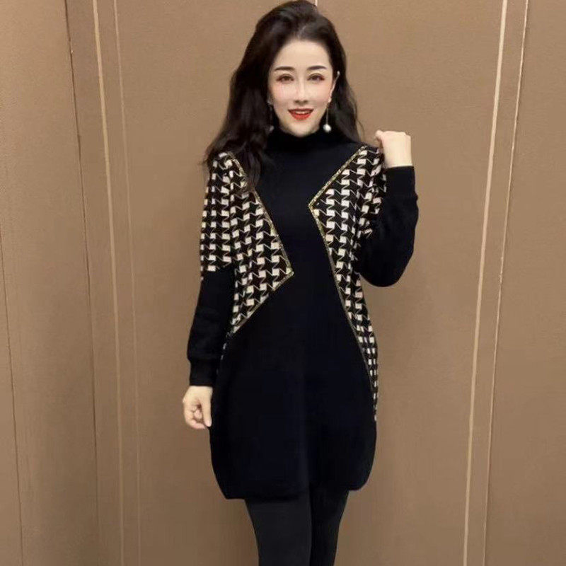 秋冬新款中长款女时尚洋气宽松显瘦加厚拼色打底毛衣裙