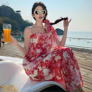 绝美小裙浪漫热情印花吊带连衣裙夏日海边拍照沙滩度假长裙含 新品