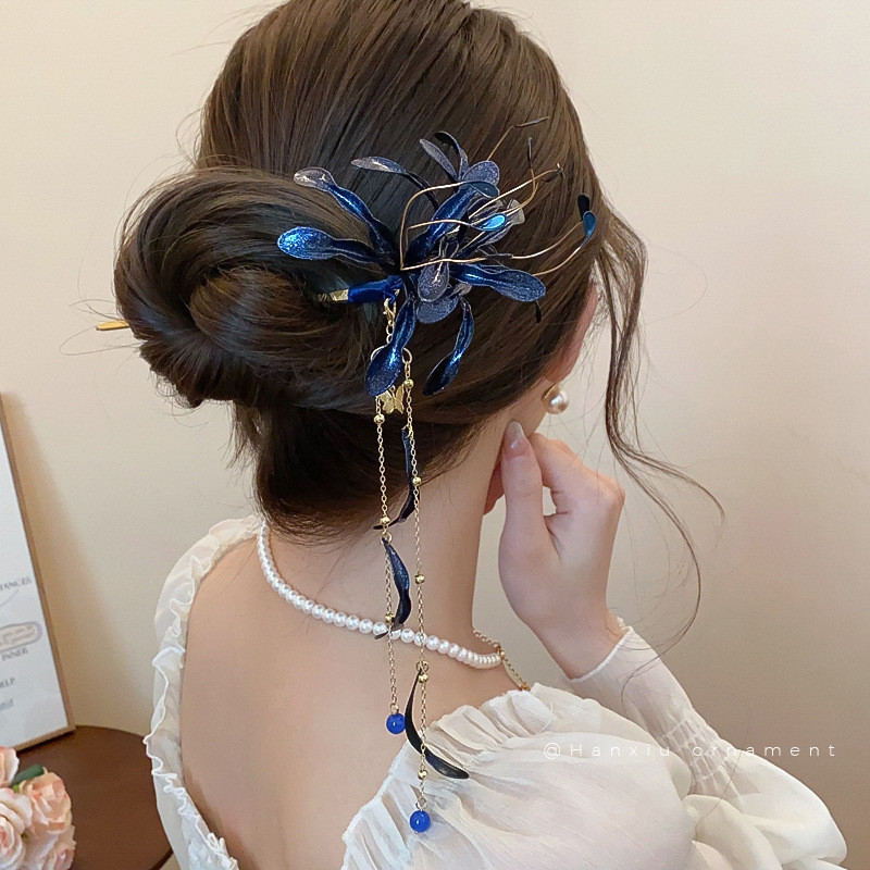 滴油彼岸花流苏发簪女高级感气质后脑勺发钗古风汉服时尚百搭配饰