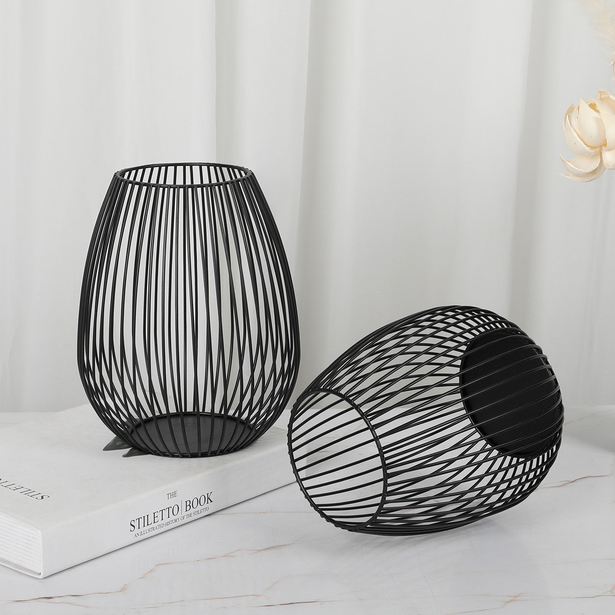 黑色复古金属铁艺铁线灯笼香薰烛台蜡烛摆件饰品工艺品摆件