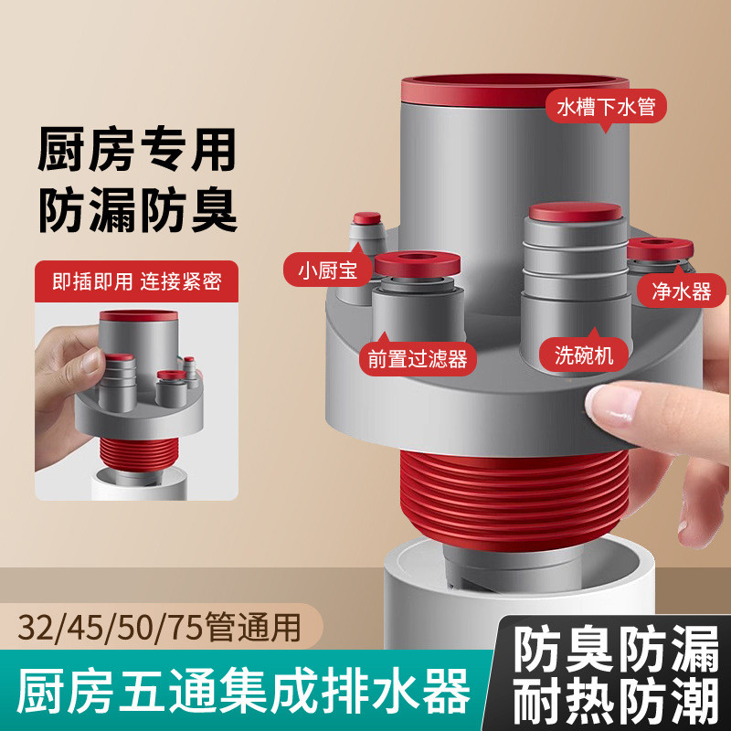 厨房下水管三通集成下水器排水管道防返臭多通分流器通用接头配件