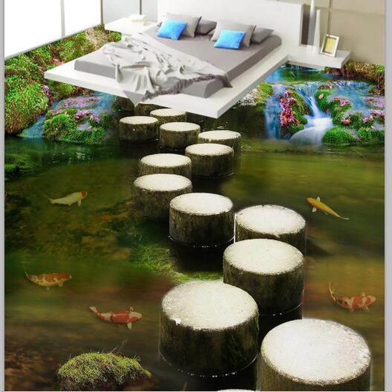 卫生间石头荷塘金鱼地板贴立体小路3dpvc自粘地板打印