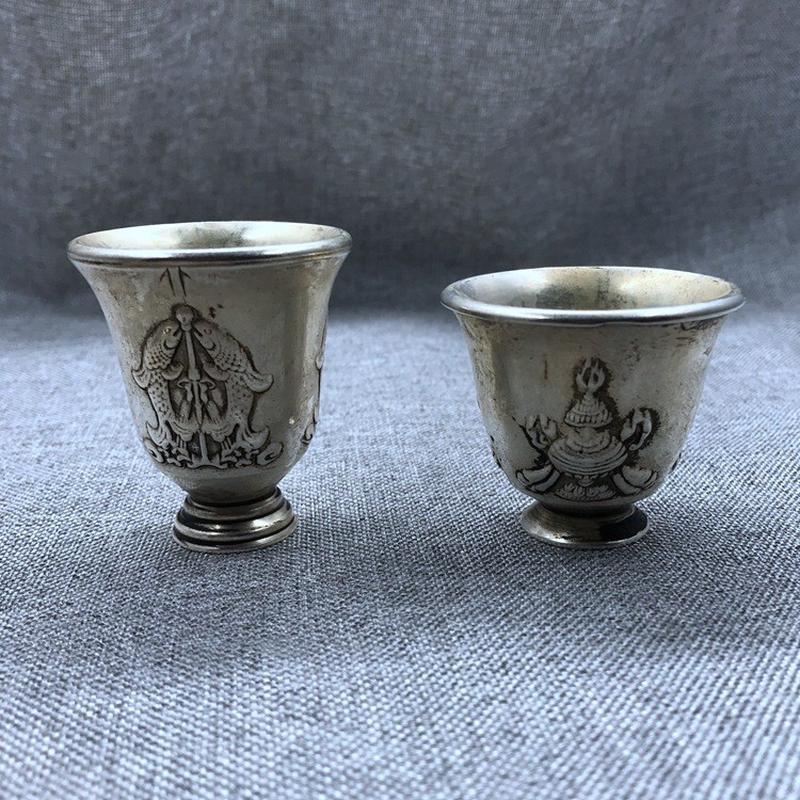 批发复古古玩杂项收藏仿银白铜鎏银酒杯铜酒杯工艺品摆件 高低2款