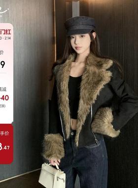 A ice of vale 千奈凉子 皮毛一体机车短外套女冬季麂皮夹克上衣