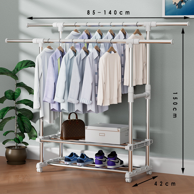 可伸缩晾衣架卧室挂衣架收纳晒衣挂架家用双杆承重高落地晾衣架