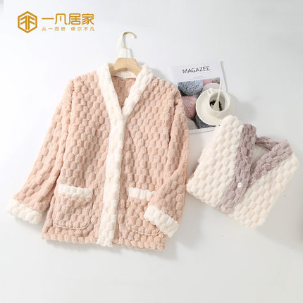 睡衣单件上衣女法兰绒秋冬季加绒加厚保暖珊瑚绒长袖家居服可外穿