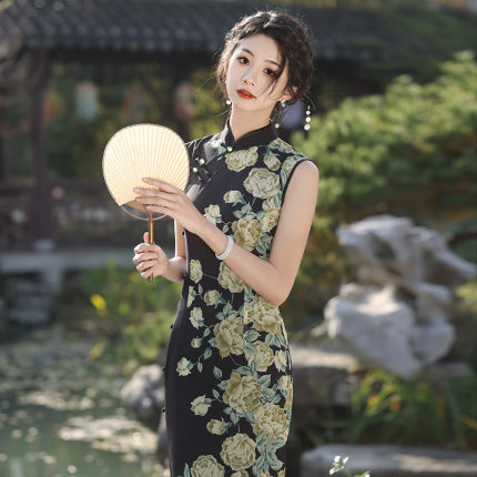 速发高品质无袖国风长款改良旗袍2025年新款年轻款女复古修身气质