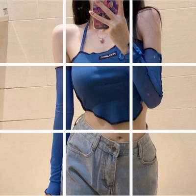 纯欲风T恤女春秋短款辣妹长袖打底衫设计感ins上衣8553蓝拼网纱T