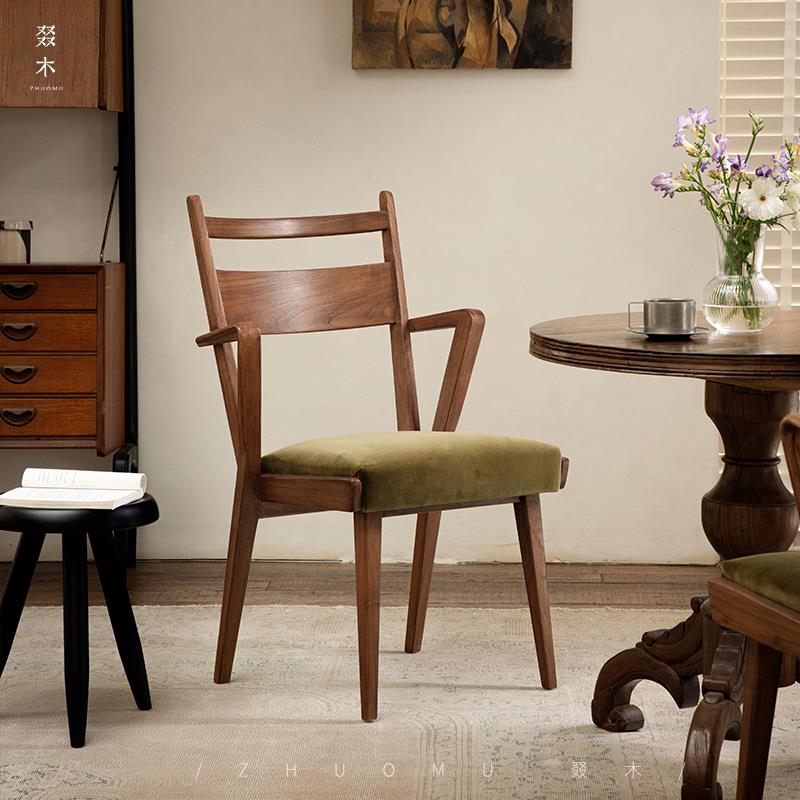 叕木|中古覆古风设计师单人靠背印尼进口柚木全实木扶手软包餐椅