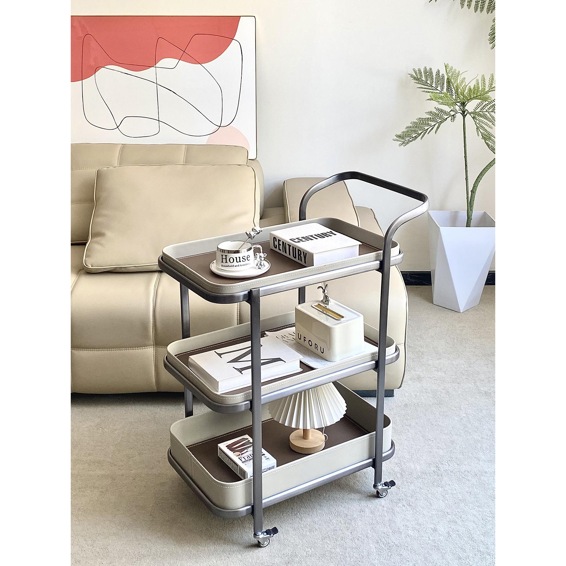 意式轻奢马鞍皮小推车边几客厅可移动沙发角几酒店餐厅带轮置物架