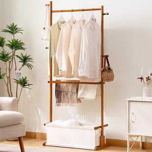 卧室简易衣帽架双杆家用落地挂衣架子玄关网红衣服包置物架竹实木