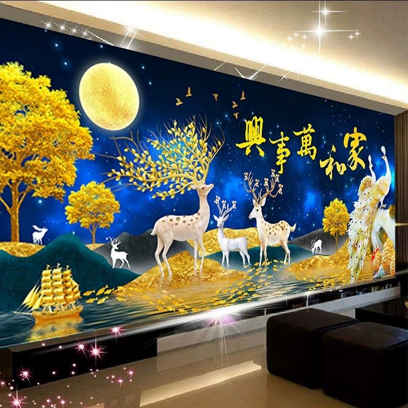 5d钻石画2024新款满钻麋鹿客厅家和万事兴手工点砖贴画孔雀十字绣