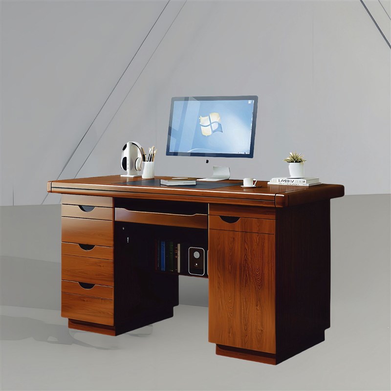 实木油漆办公桌职员单人电脑桌带抽屉办公室老板桌带锁现代简约
