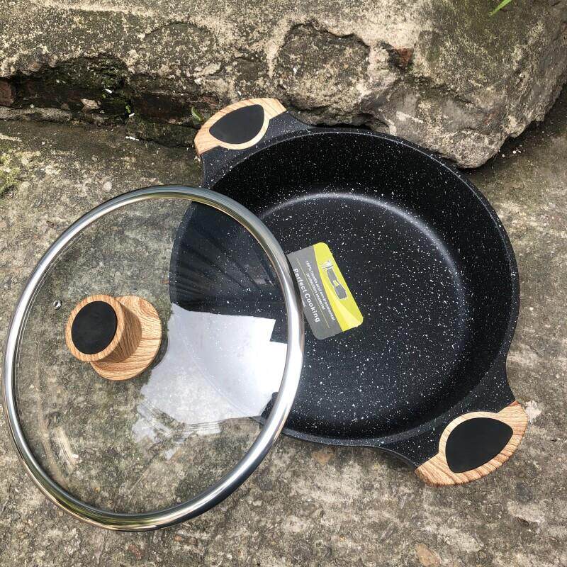 麦饭石浅汤锅三汁焖锅木纹煎锅炖锅双耳铝合金不粘火锅电磁炉通用