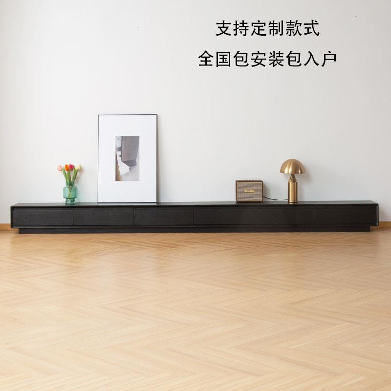北欧实木电视柜现代简约大户型落地柜长条小户型客厅黑色地台超薄