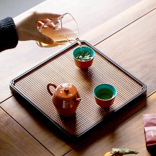 复古圆形茶台茶托盘 手工藤编重竹壶承干泡台家用小型茶具托盘中式