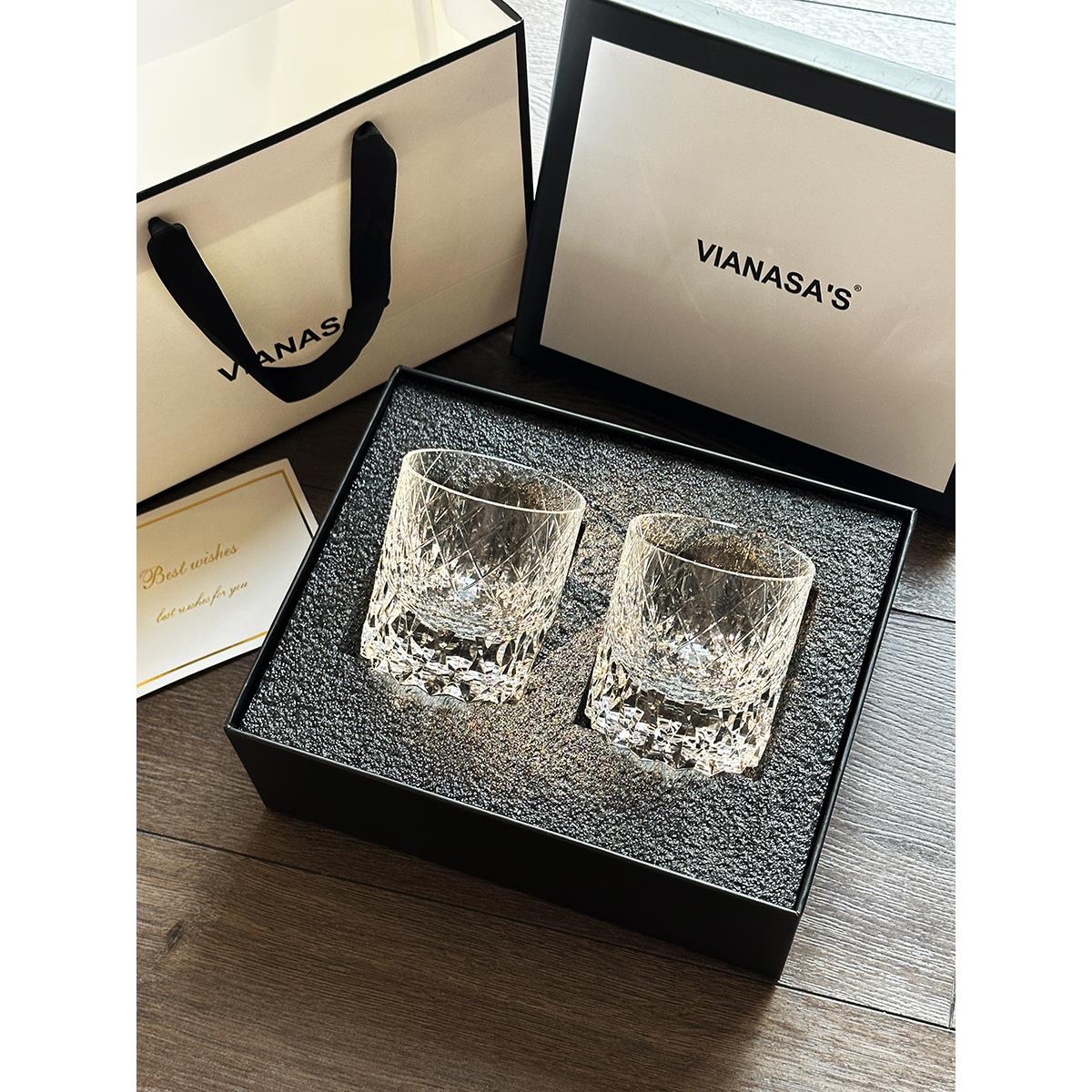 K9水晶玻璃威士忌洋酒杯高级感手工雕刻高档杯子送礼礼盒装一对