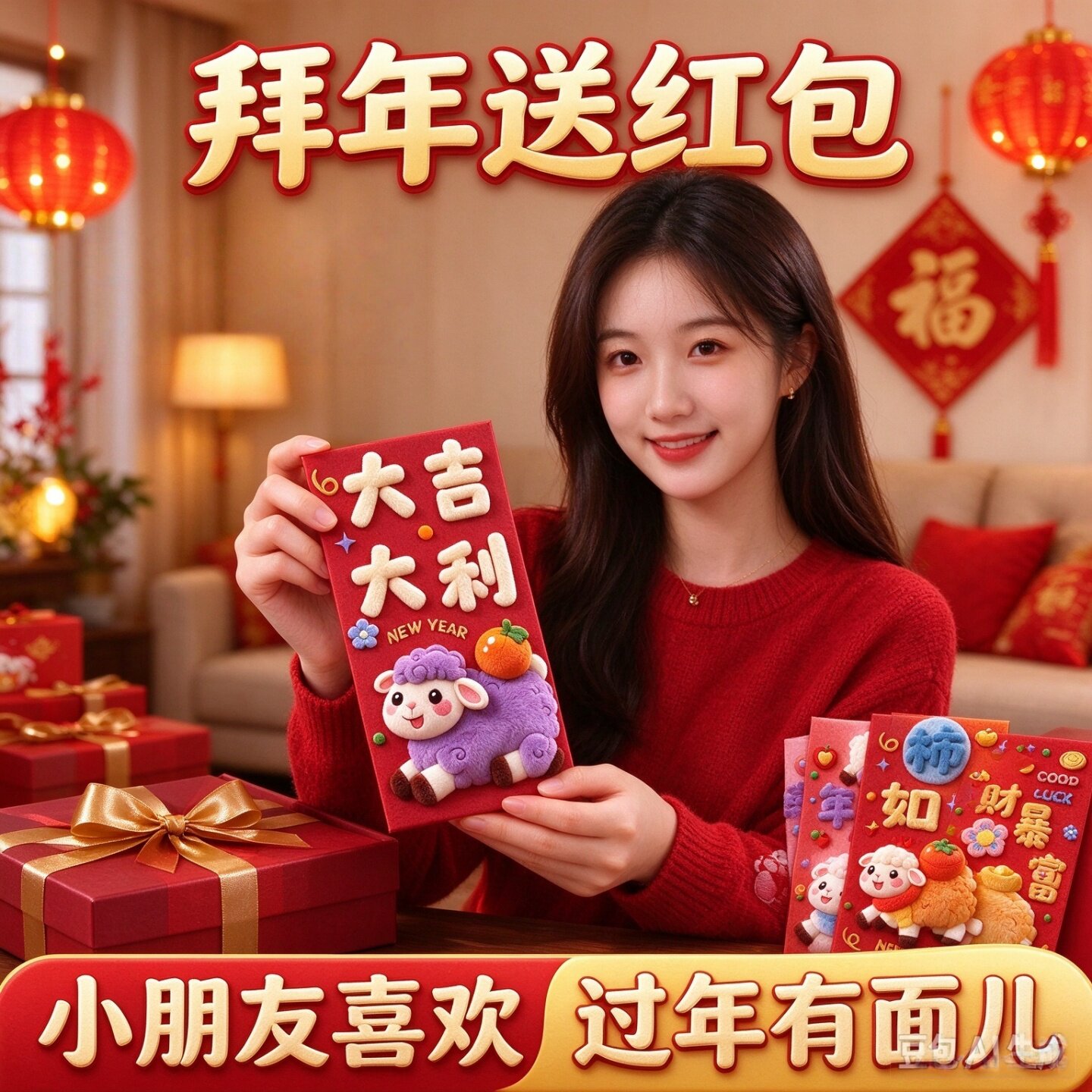 2027羊年3D毛绒仿刺绣利是封