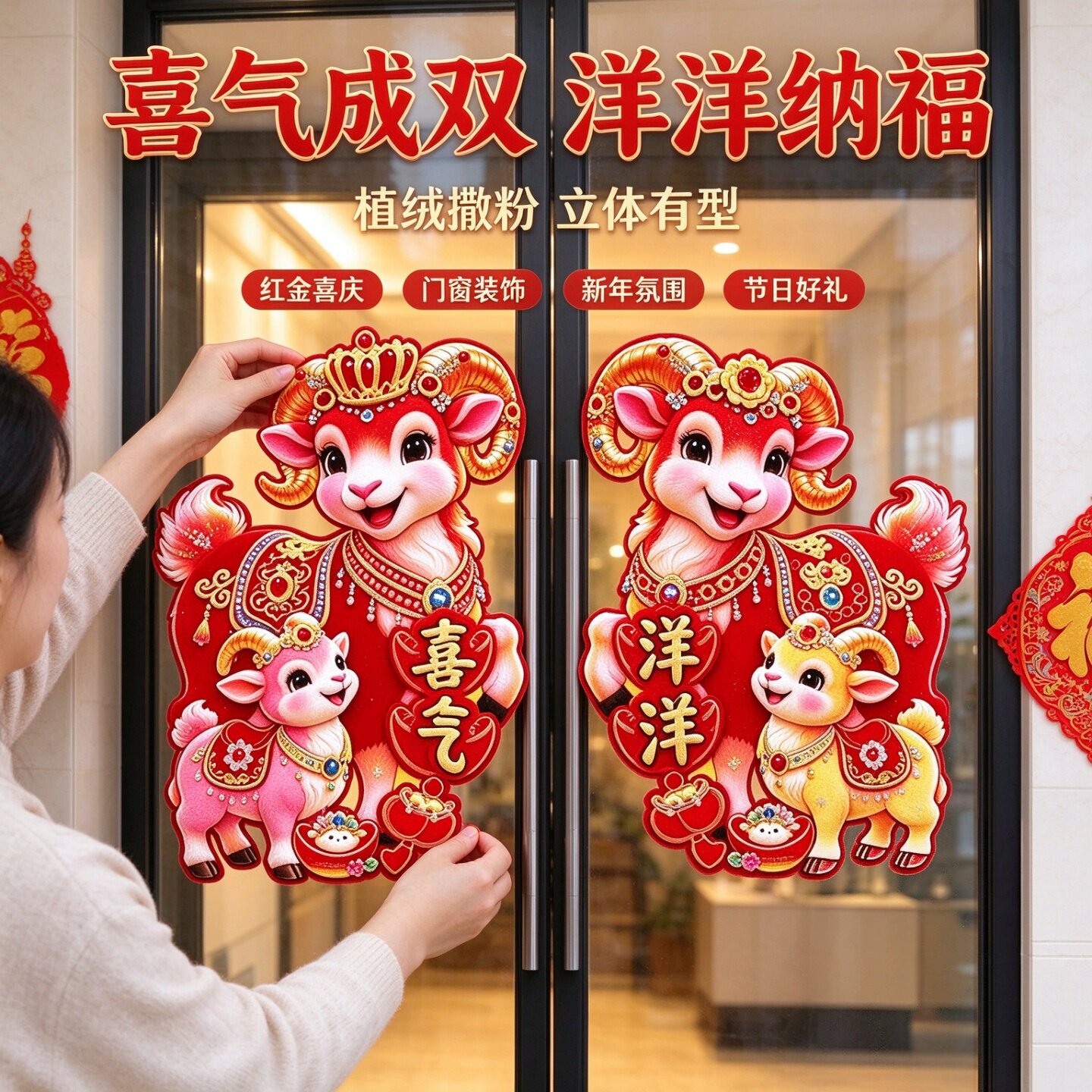 2027羊年植绒立体生肖对贴门贴