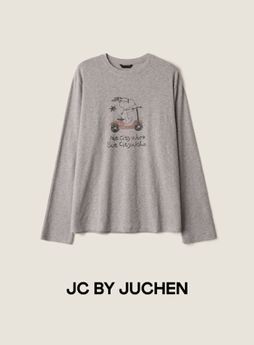 美式做旧创意滑板小狗印花宽松剪裁圆领百搭长袖t恤 FW105391