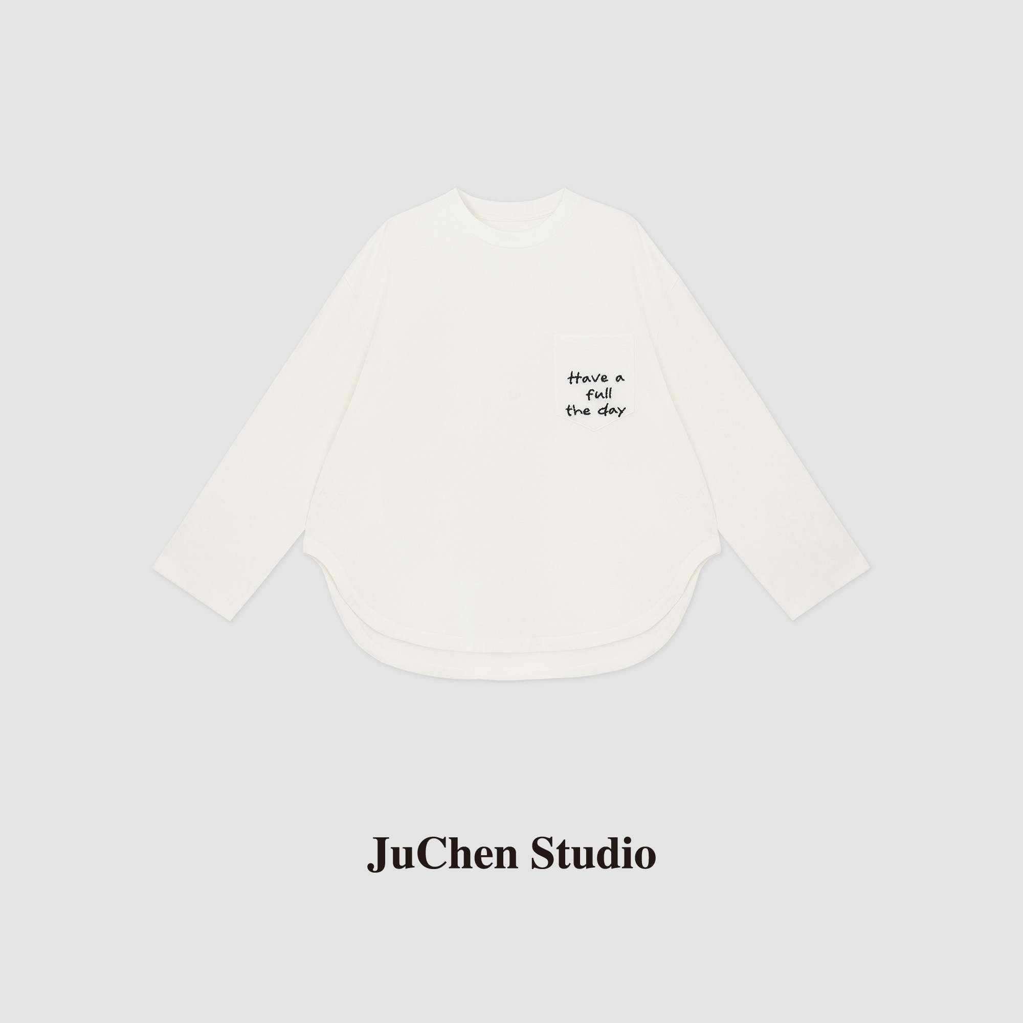 春季新款口袋刺绣字母舒适开衩圆弧下摆圆领宽松长袖T恤FW113314