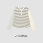 出游穿搭马卡龙拼色亨利领皮标色织条纹长袖 春季 新款 T恤SS123417