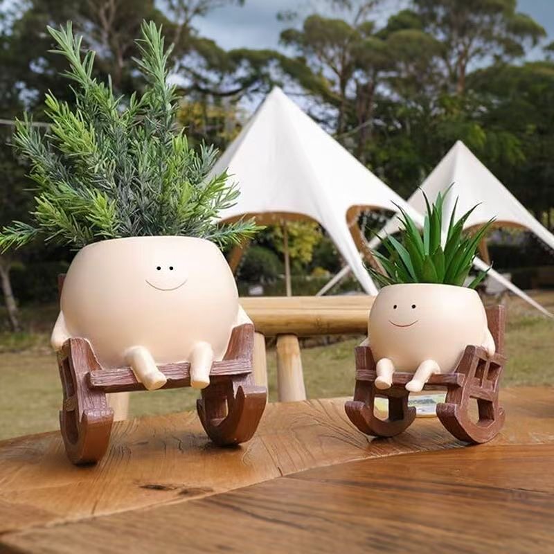 可摇动摇椅笑脸多肉花盆办公室书房装饰布置创意可爱绿植花盆摆件