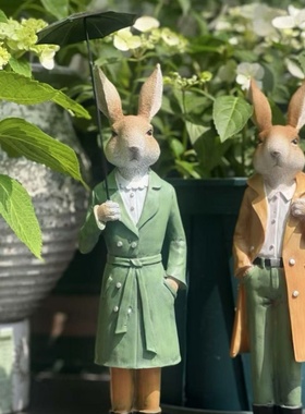 英伦情侣兔一对花园阳台家居玄关装饰摆件树脂工艺品打伞兔一对